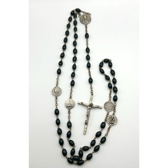 Italy Black Beaded Silvertone Rosary 25.5” - Picture 1 of 7